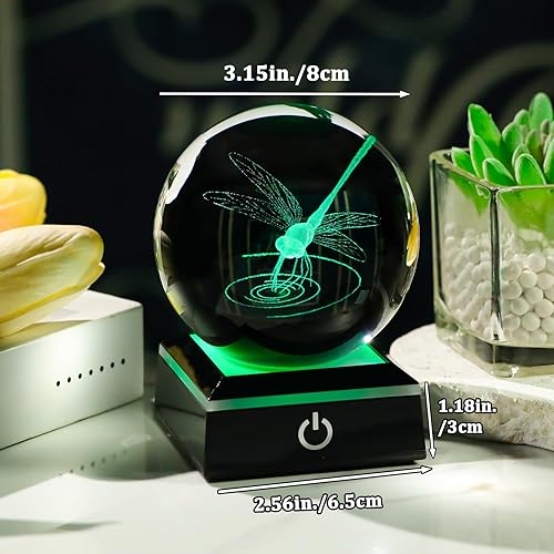 Miniatura 2 de Figura de bola de cristal de libélula 3D con base LED, regalos de libélula para hombres y mujeres en cumpleaños de Navidad, estatua de cristal,