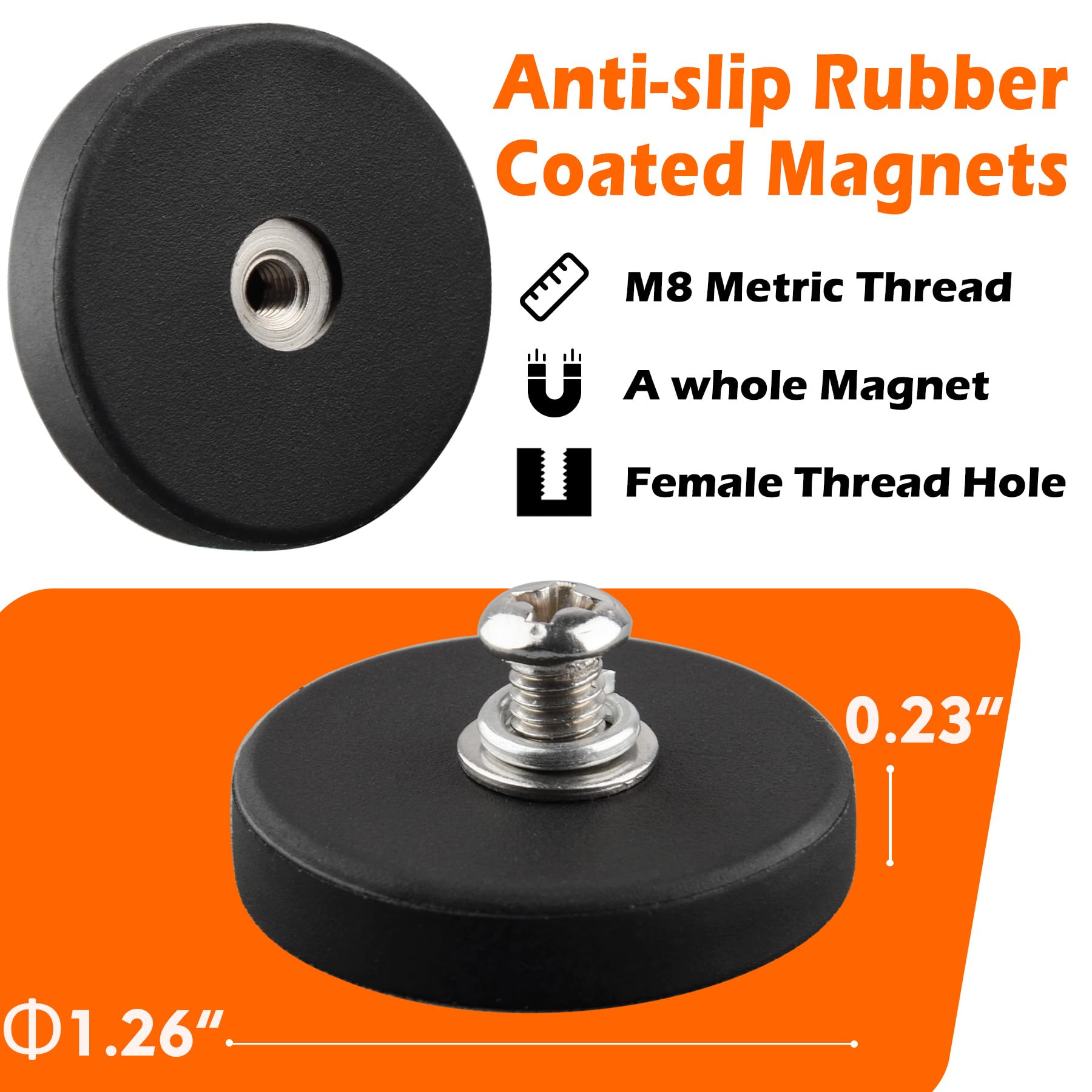 MUTUACTOR 4PCS Neodymium Rubber Coated Magnets,Non-Scratch Rubber Earth Magnets with M4 Female Threaded Studs,24lbs Anti-Slip Magnetic Mount Magnet for LED Lighting Camera Holding Radar Equipments — Amazon image 5