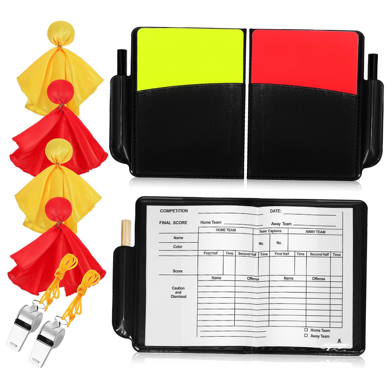 HANABASS 3 Set Completo Cartellini Rossi e Gialli per Arbitri Calcio con Fischietti e Bandiere Utensili Essenziali per Giudizi Precisi e Controllo