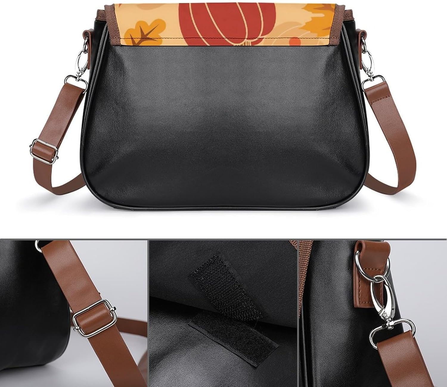 Fall Pumpkin Autumn Leaf And ChestnutWomen's Faux Leather Crossbody Bag, Waterproof Wrinkle-Resistant Shoulder Bag with Detachable Strap, Large Capacity Casual Handbag, Fashion Daily Purse for Shoppin