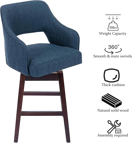 Vista 6 de Kmax Taburete de bar de tela con altura de mostrador, taburete giratorio de bar con patas de madera, reposapiés trasero abierto para isla de cocina