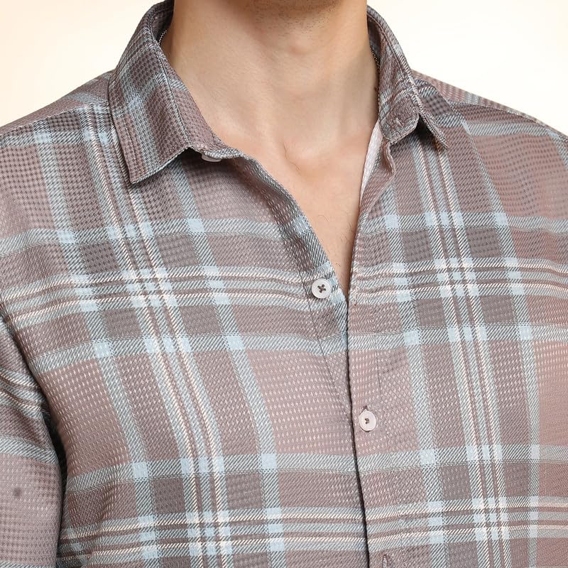 Image of CAHOOT Men's Nude Pink & Cloud Grey Tartan Plaid Shirt for Casual Wear | Spread Collar | Long Sleeve | Button Closure | Shirt Crafted with Comfort Fit for Everyday Wear
