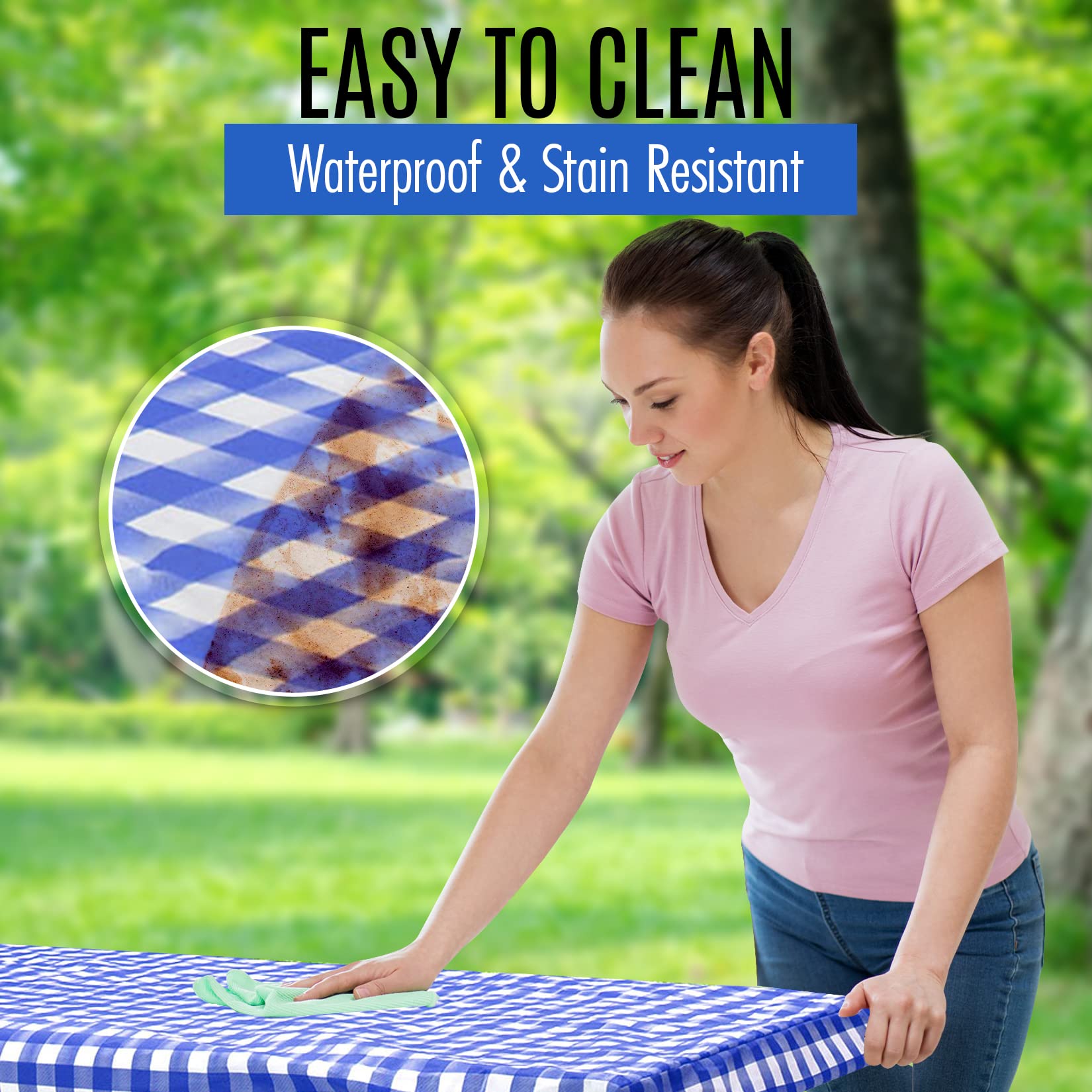 LINPRO Premium Picnic Table Cover with Bench Covers Vinyl Fitted Picnic Table Covers with Elastic RV Camping Accessories and Camper Must Haves Waterproof (Blue Gingham, 72 x 30 (6ft))