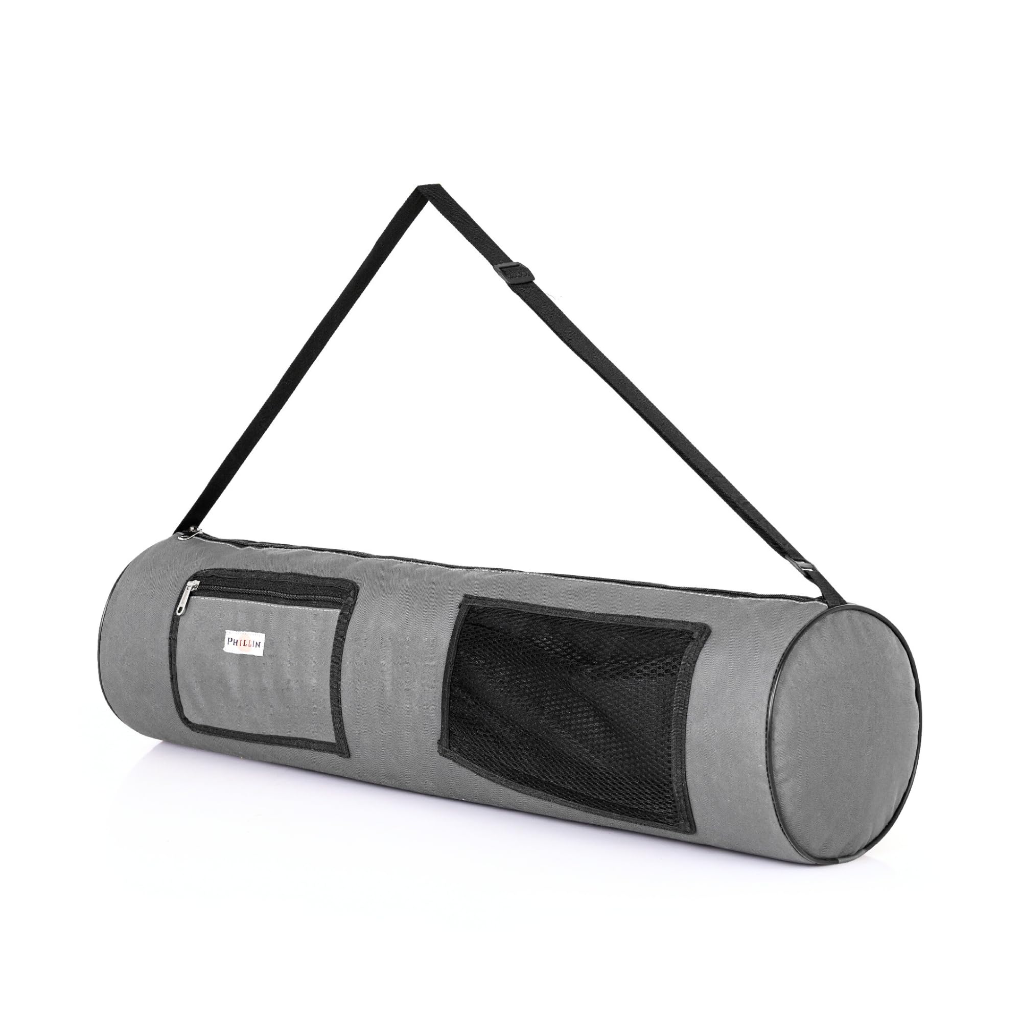 PHILLIN Zipper Yoga Mat Bag for Meditation Mat's Cover Bag with Adjustable Shoulder Strap Waterproof Mate Carry Bags fit for 4mm to 8 mm Mats for Women and Men (Grey-Black)