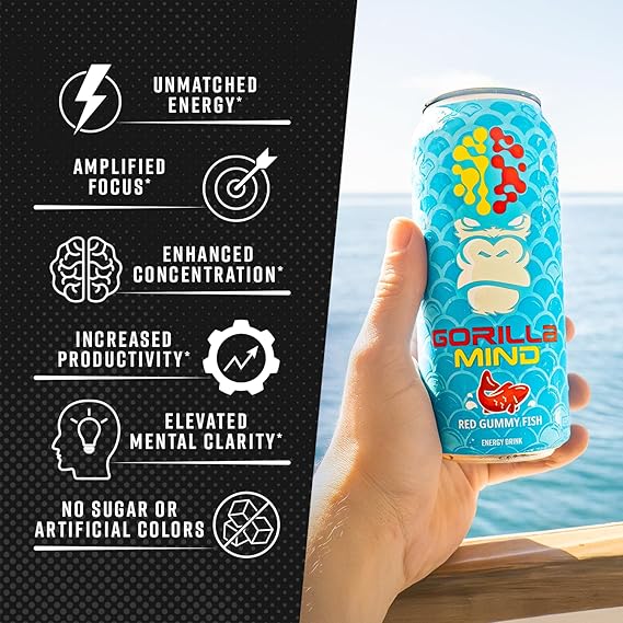 Gorilla Mind Energy Drink | Unmatched Energy Amplified Focus | N-Acetyl-L-Tyrosine, Alpha-GPC, 200mg Caffeine, Uridine, Saffron | 0 Sugar Or Artificial Colors | 16oz | 12-Pack (Variety Pack #1)