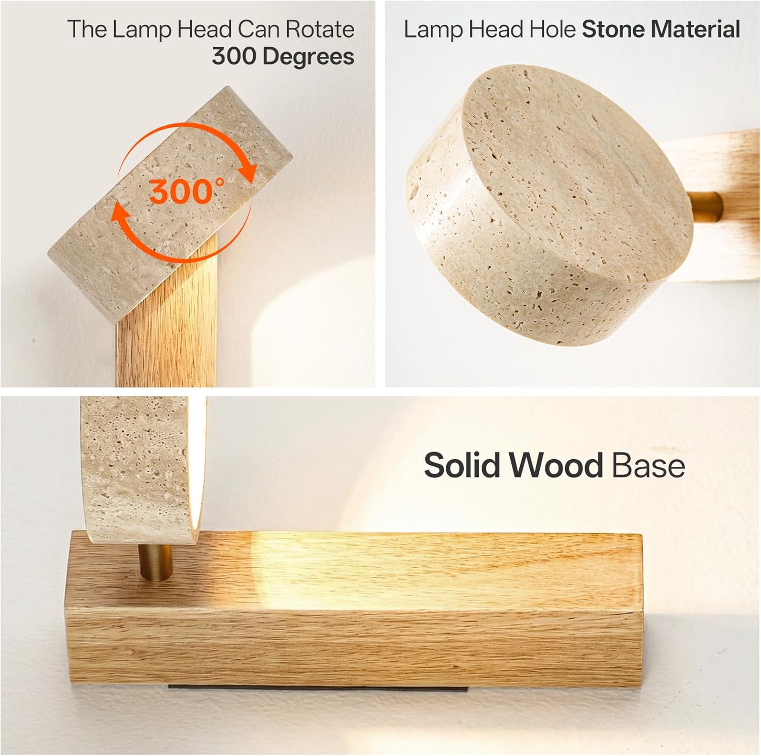 Natural Travertine Wall Sconce, 1-Light Solid Wood Japandi Bathroom Vanity Light, Organic Modern Minimalist Stone Bedside Reading Lamp for Powder Room, Hallway & Mirror Side