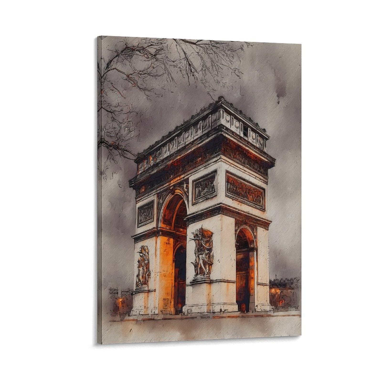 Cnaheiz Frame-Style Paris France Arc De Triomphe 24X36inch(60X90cm) Vintage Travel Poster Watercolor Canvas Art