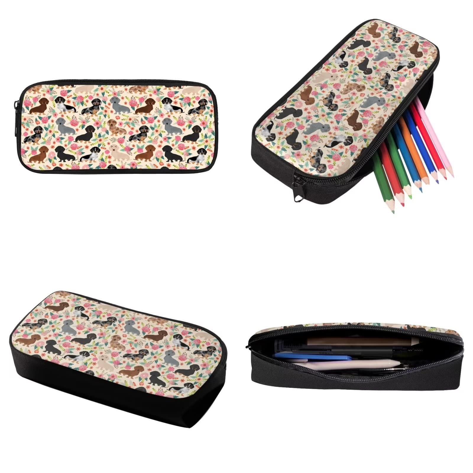Poceacles Schultasche und Lunchbox-Set für Teenager, Jungen, Grundschule, Büchertasche, Federmäppchen für Grundschulkinder, Dackel-Blumenblüten, Einheitsgröße