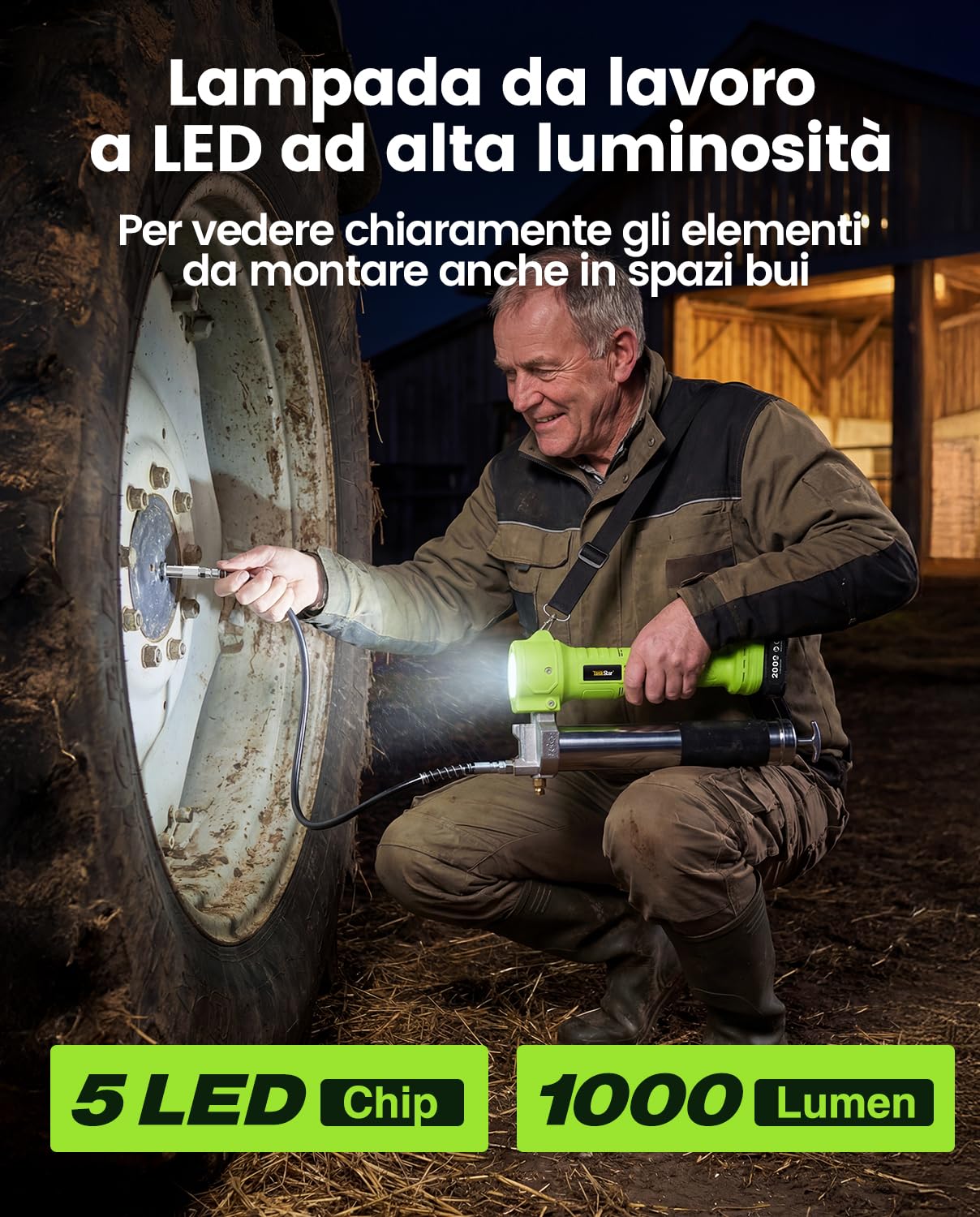 TaskStar Ingrassatore a Batteria, Pistola per Grasso Elettrica Super Efficiente con 2 Batterie e Caricabatterie, Tubo Flessibile da 39,4”, Ingrassatore da 10000 PSI con Luce LED Super Luminosa, Verde