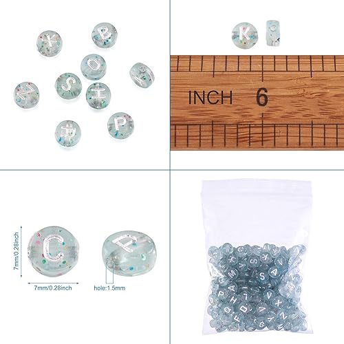 Miniatura 5 de Pandahall - 200 cuentas acrílicas transparentes de letras con polvo de purpurina de 0.276 x 0.157 in, cuentas redondas planas transparentes del