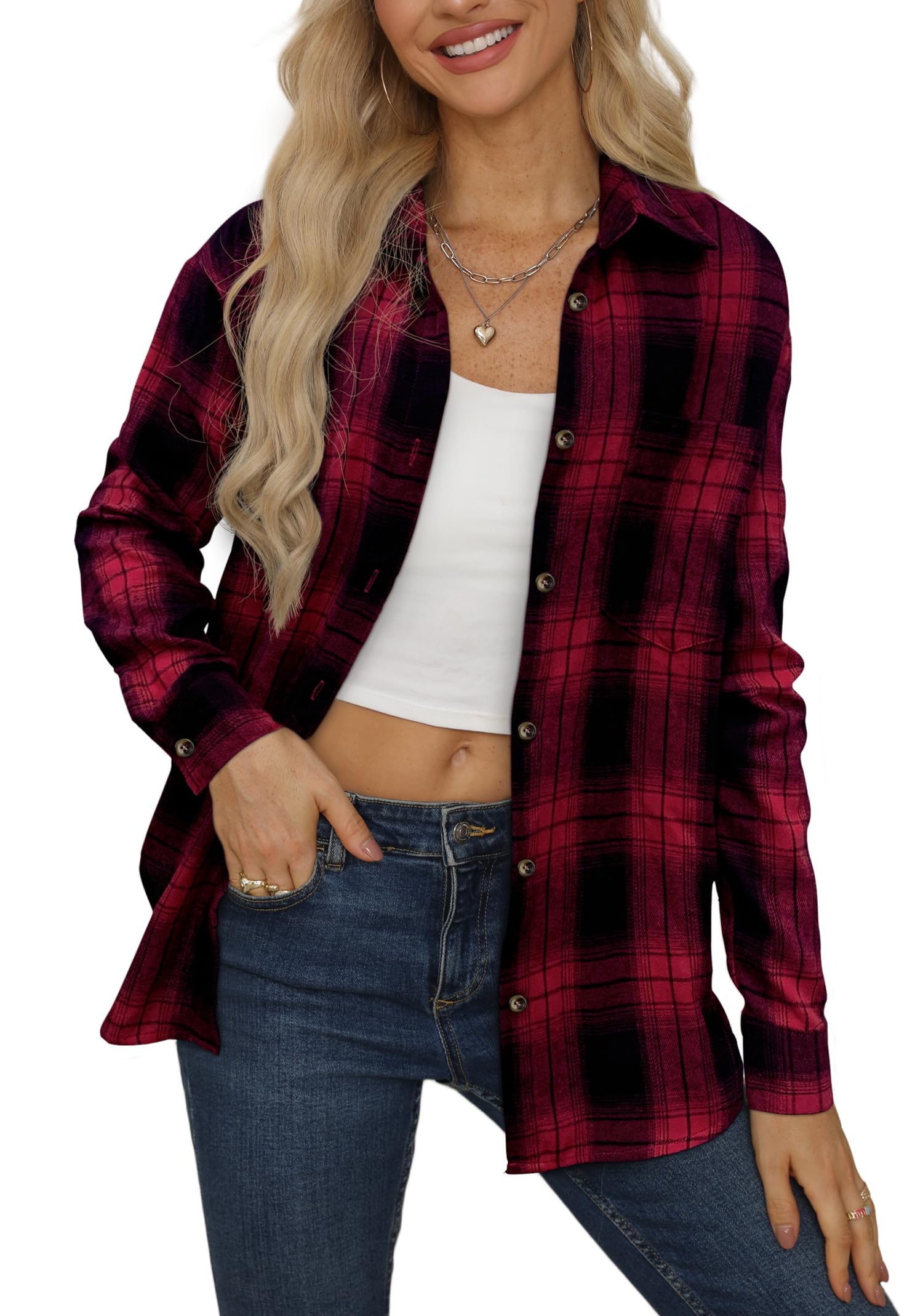 NONSAR Camicia da donna a quadri, con bottoni, a maniche lunghe, per Oktoberfest, a quadri, casual, con scollo a V, in flanella