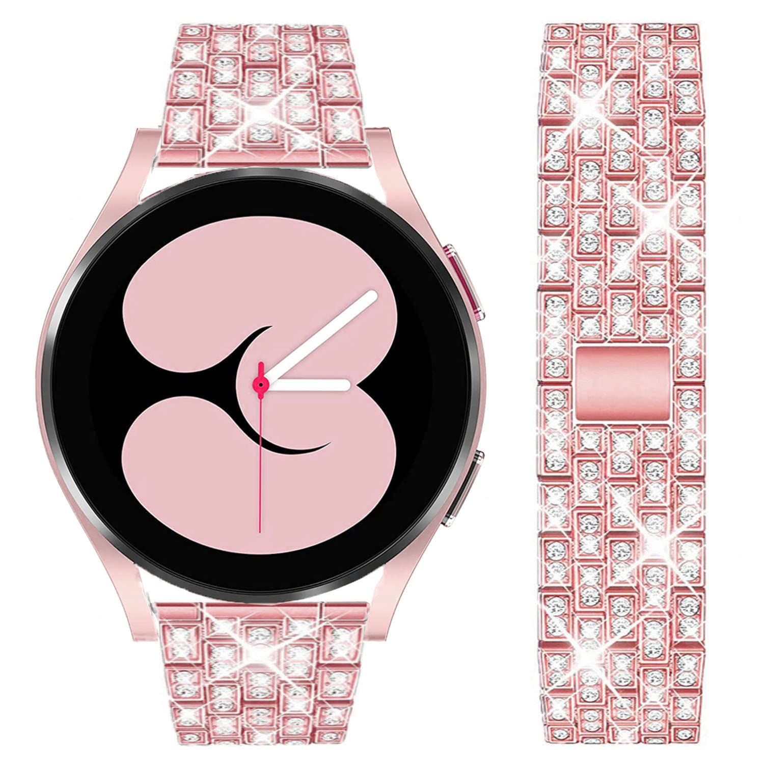 DEALELE Bands Compatible with Samsung Galaxy Watch 6/6 Classic / 5/5 Pro/Galaxy Watch 4/4 Classic / 3 41mm / Active 2, 20mm Shiny Diamond Metal Replacement Strap for Women Men (Rose pink)