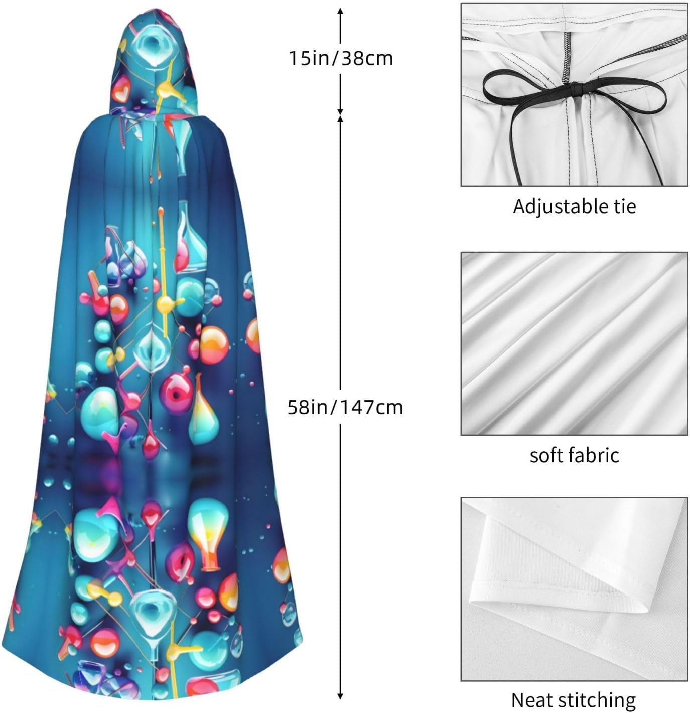 Abstract Science Chemistry Illustration 3D print Hooded Robe Cloak Long Cape Cosplay Costume Halloween Witch Cosplay Robe for Men Women