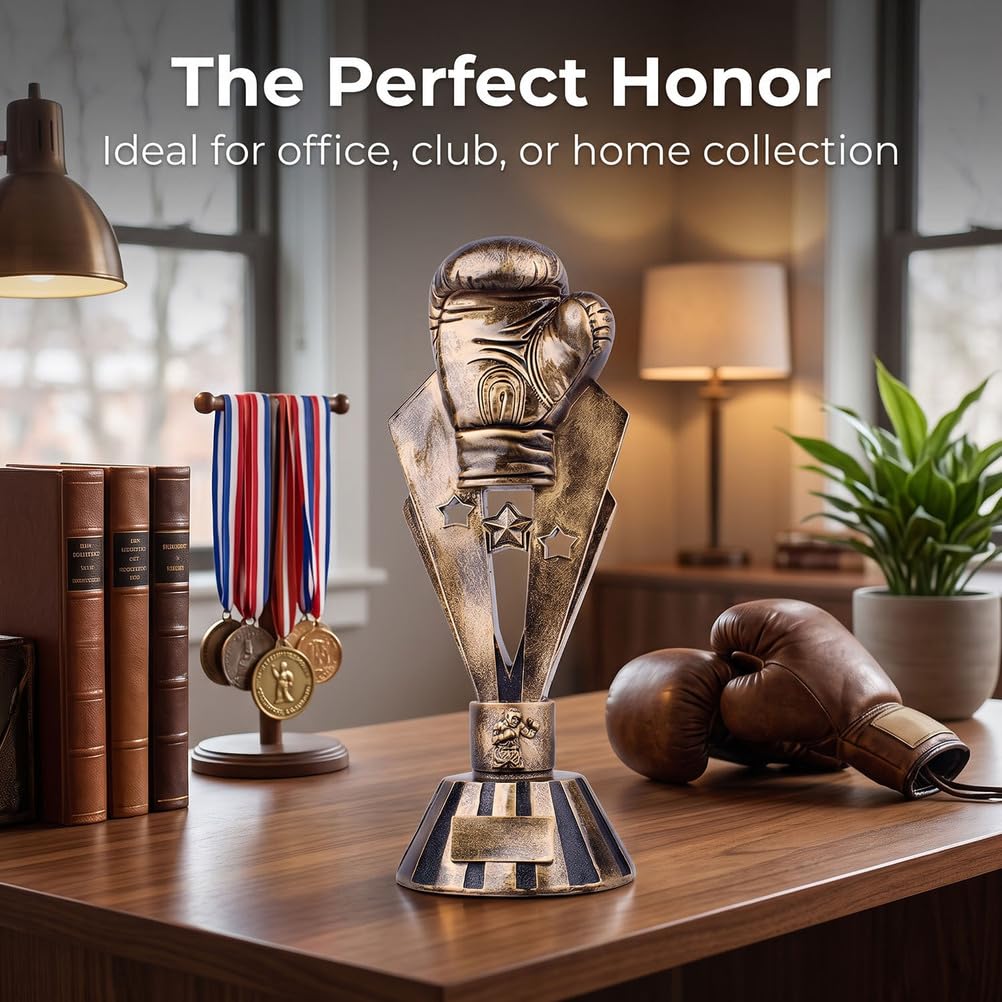 Trofeo Guante Boxeo Personalizado Premio Bronce Antiguo Diseño V | Resina premium con diseño alas V de 3 estrellas y relieve boxeador para torneos boxeo premios MMA gimnasios y coleccionistas