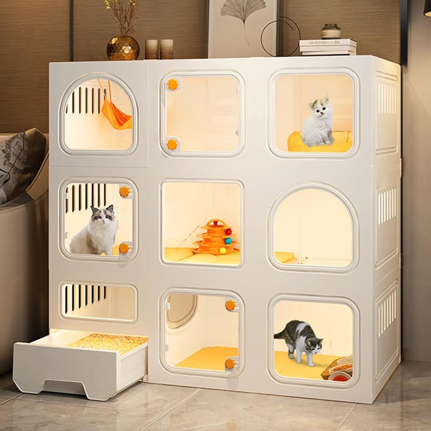 Cat Cages Indoor with Litter Box, Transparent Cats Villa, Window Litter Box, Window Cat Cage, Thicken Plastic + Resin Material, 2/3-Tier Large in-Door Enclosure for Indoor (White*28" L x 18" W x42 H)