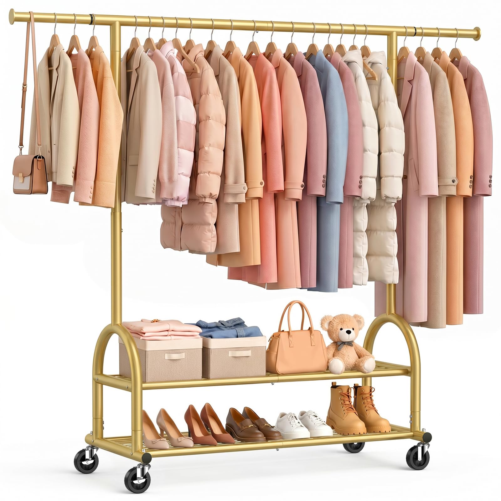 EAGMAK Heavy Duty Clothes Rail Load 252 KG, Rolling clothing Rail with Sturdy Wheels and 2 Shelves, Height Adjustable Metal Coat Racks, Portable Garment Wardrobe Organizer for Hanging Clothes, Gold