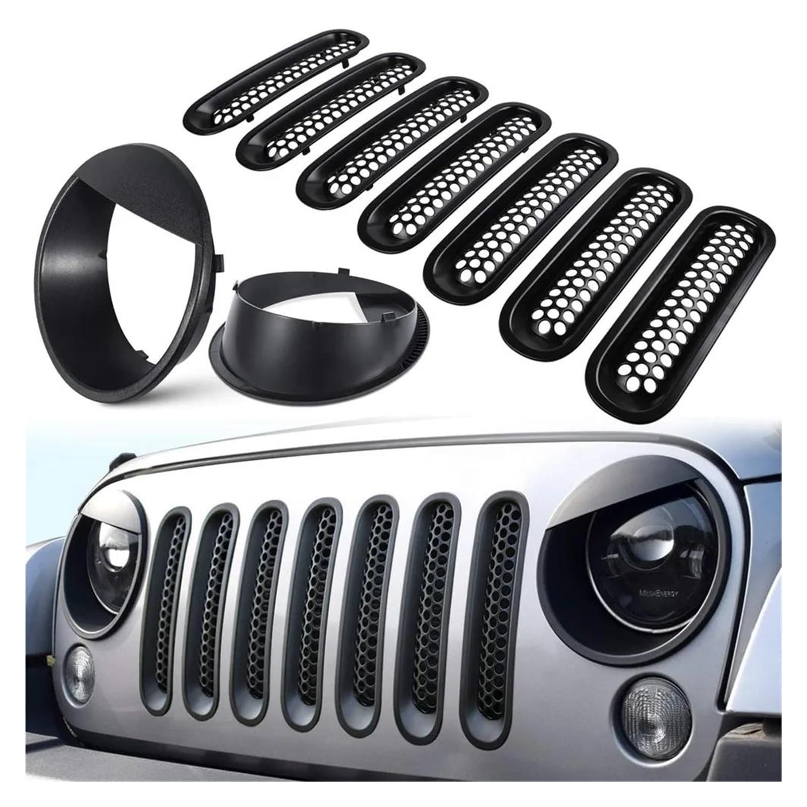 Auto Paraurti Anteriore Griglia Griglie Per Jeep Per Wrangler JK Inserti Griglia Anteriore E Cornice Copertura Fari Inserto 07-18