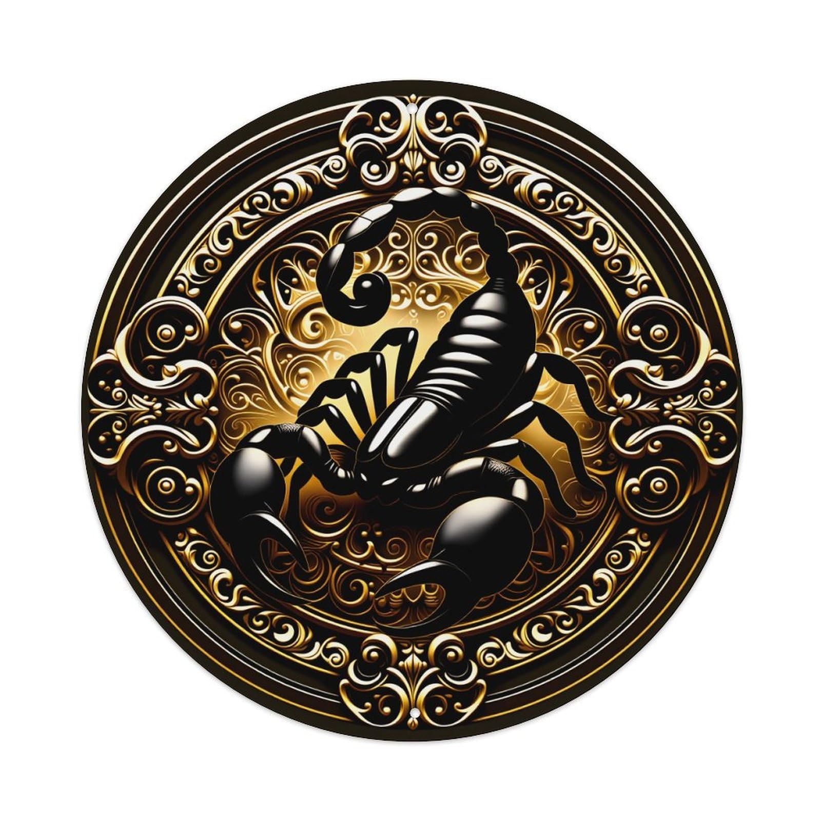 Black Scorpion Golden Ornate Circular Design Pattern Metal Tin Sign Plaque