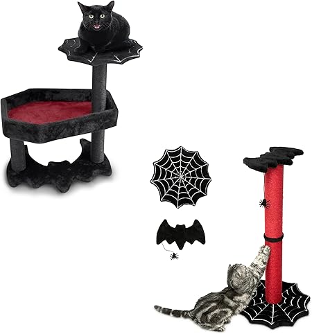 Gothic Cat Tree with Coffin Cat Bed Small + Gothic Cat Scratching Post 34 inch