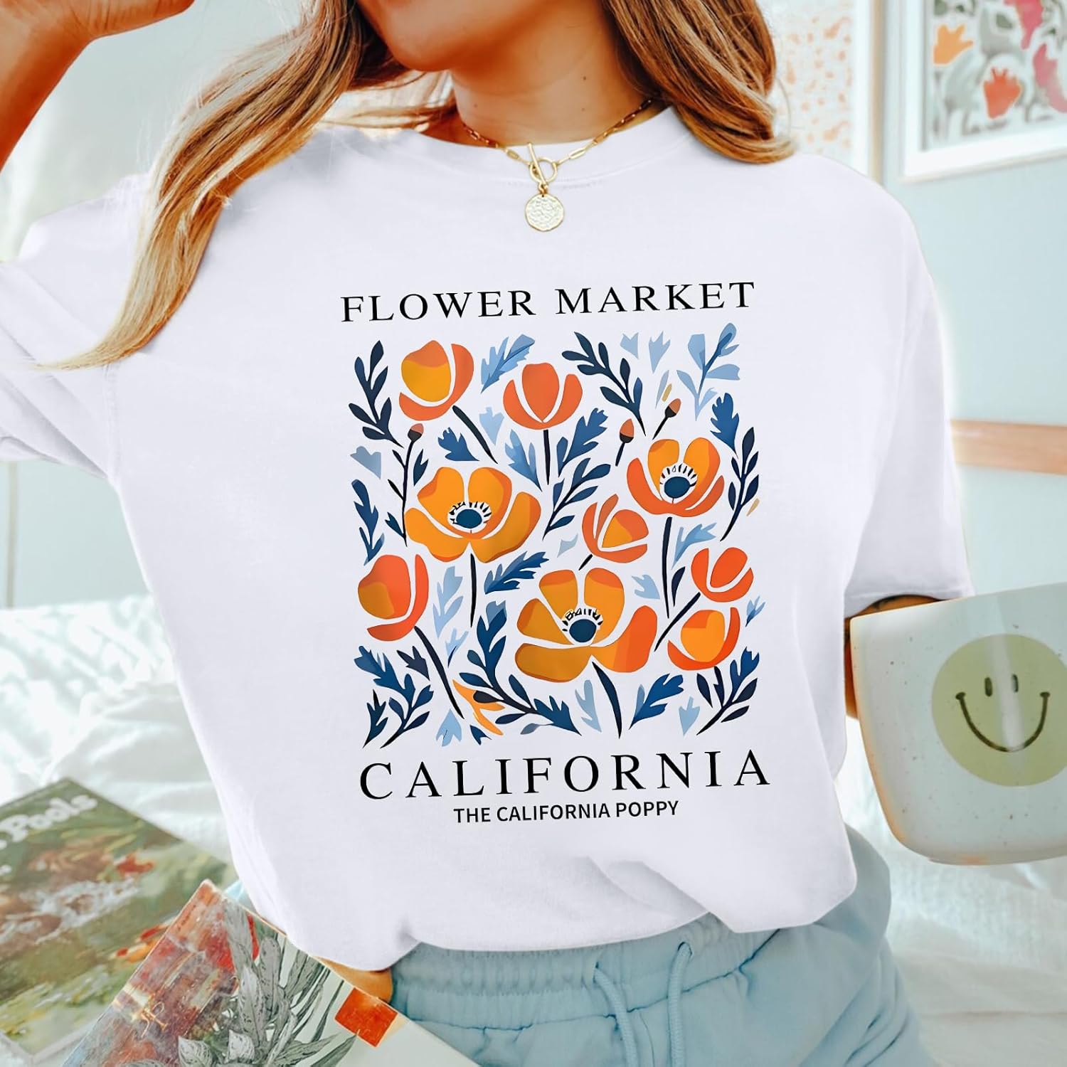 California Poppy Shirt Flower Boho Aesthetic Floral Shirts for Women Vintage Graphic Tees Wildflower Shirt Casual Top - Image 2