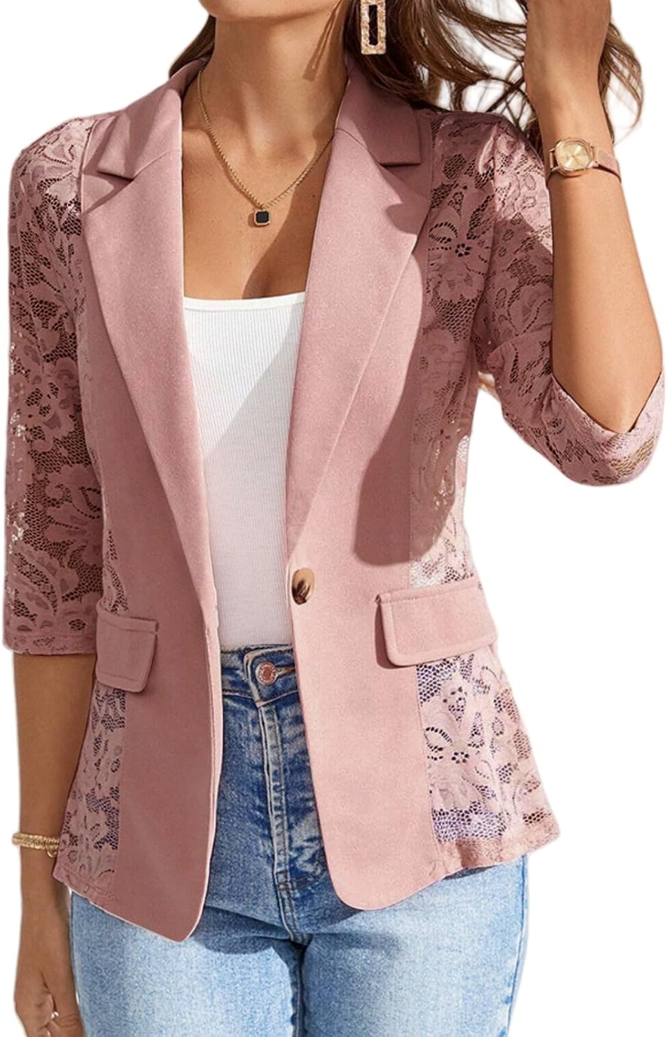 MINTLIMIT Women's Lace Blazer Open Front Button Down Sheer Mesh Blazer Elegant 3/4 Sleeve Casual Blazers Jacket