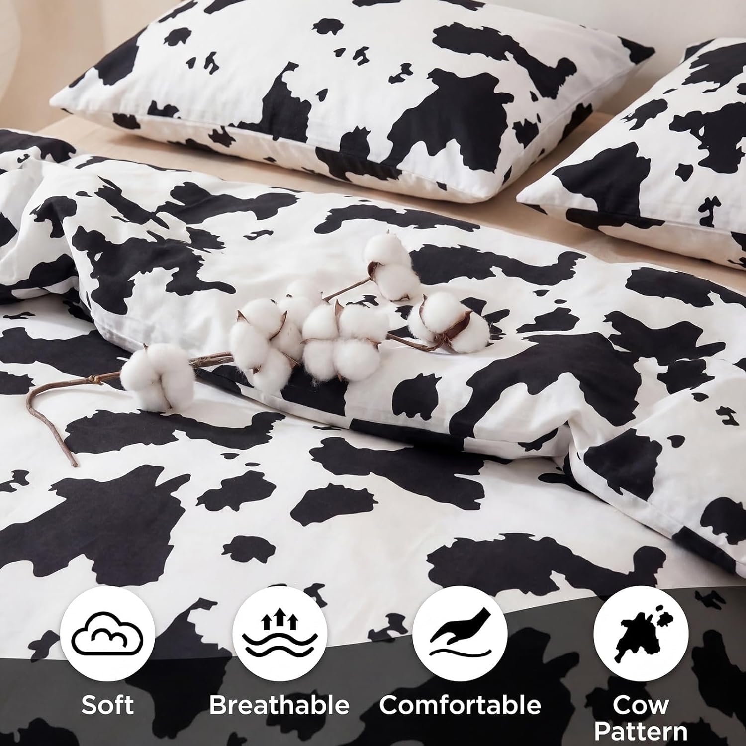 100% Cotton Duvet Cover Queen Size, Black and White Cow Print Bedding Set with Zipper Closure, Farmhouse Soft Breathable Comforter Cover with 2 Pillowcases for All Seasons