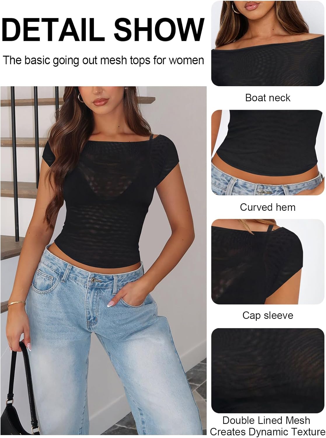 Womens Sheer Boat Neck Tops for Women Double Lined Mesh Top Women Cap Sleeve See Through Tee Shirts - Image 4