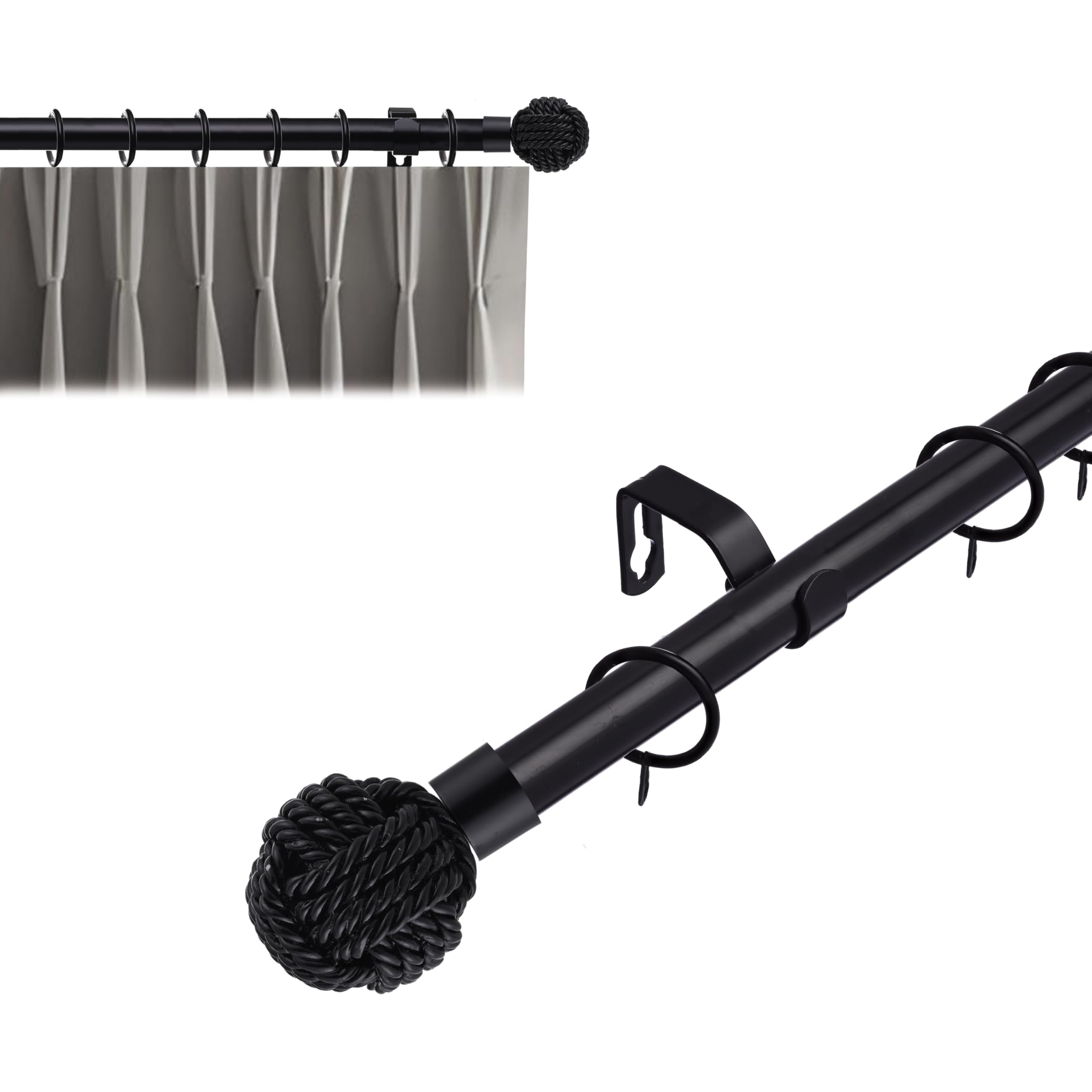 Lister Cartwright Black (Knotted Finials) 19 Mm Extendable Metal Curtain Poles Rods Voile Easy Fitting - Black (Knotted Finials, 120-210 Cm)
