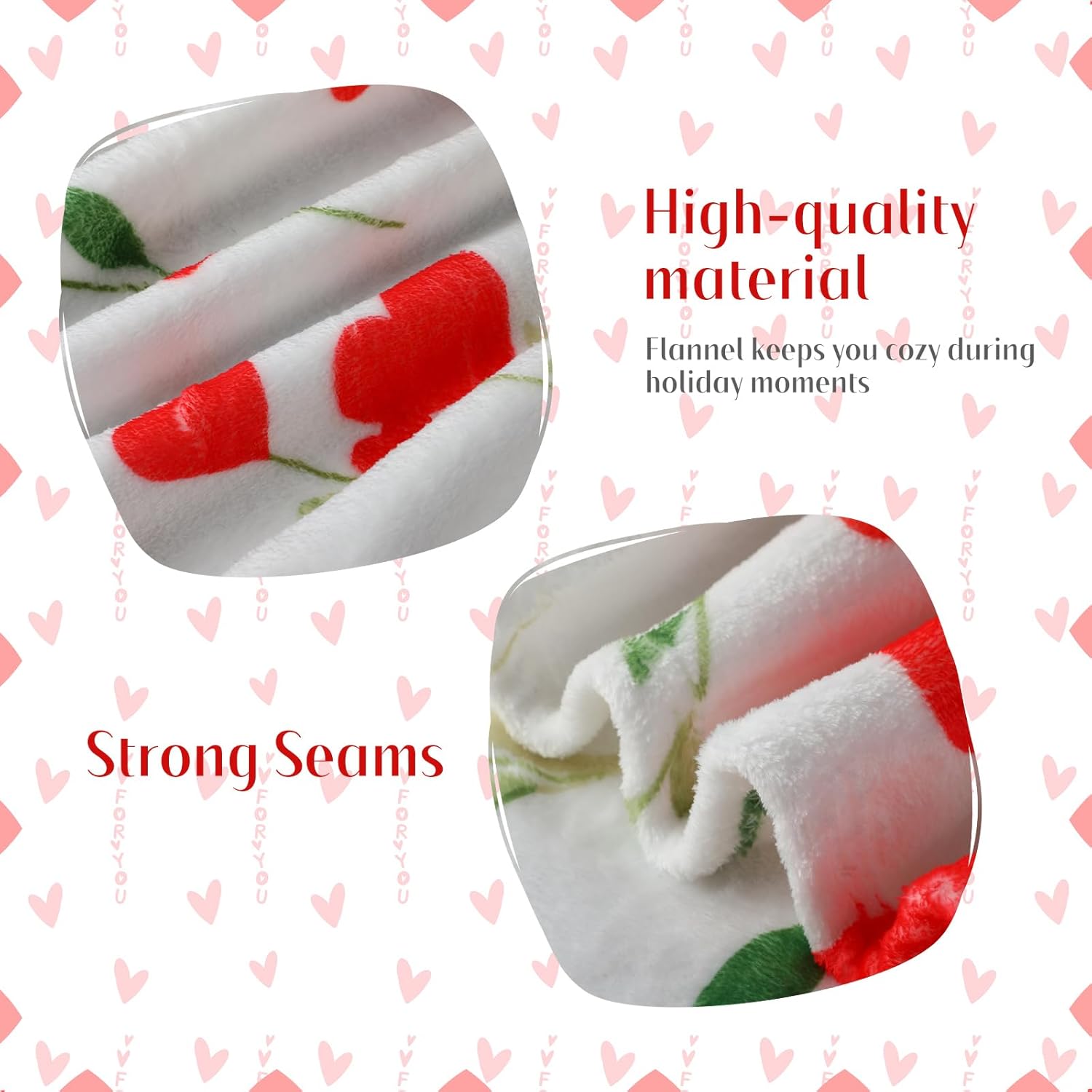 Valentine's Day Heart Flowers Throw Blanket 50"x60" Soft Warm Plush Flannel Decorative Blanket for Living Room Couch Bedroom Bed, Romantic Gift for Mom Wife Girlfriend - Image 3
