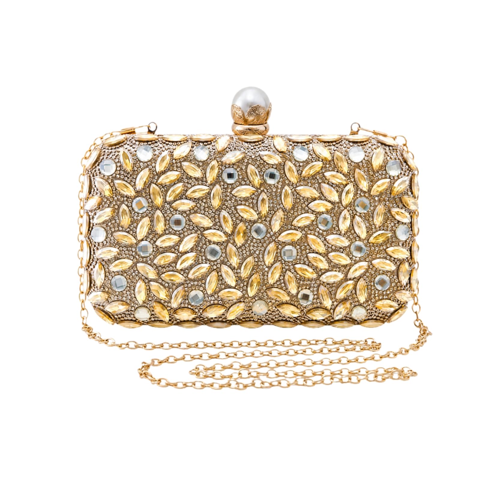 Clutch Rectangular Dorado con Pedrería Brillan Bolso Mano Estructurado con Adornos Cristales Distinguido para Bodas, Cenas Formales