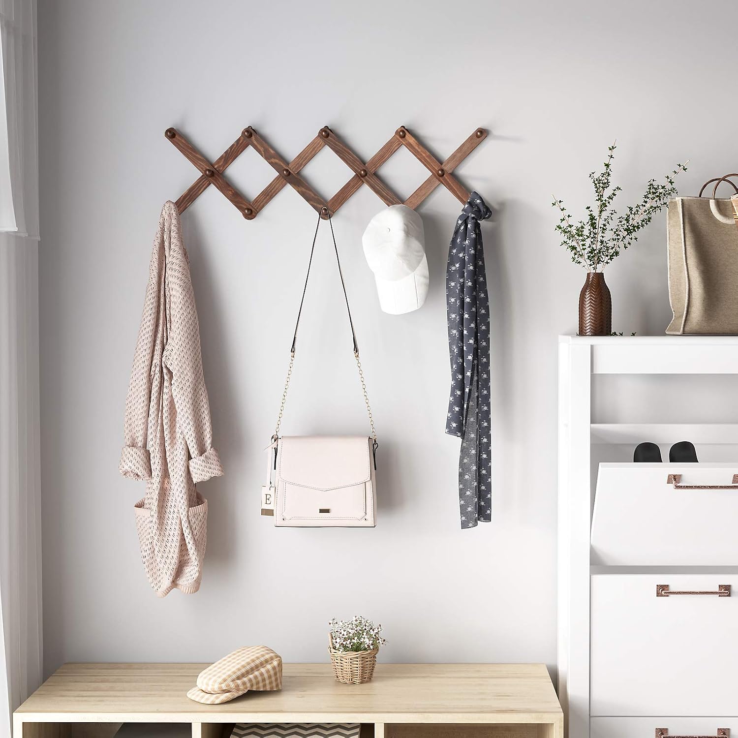 OROPY Wood Accordion Wall Hanger, Expandable Coat Rack Wall Mount with 14 Pegs, Expanding Hat Rack for Wall, X Shape, 27"×10", Walnut Color