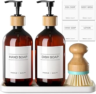 Amber Hand and Dish Soap Dispenser Set with Tray, 500 ML Plastic Kitchen Sink Soap Dispenser with Bamboo Dish Brush, Farmhouse Kitchen Washing Up Liquid Dispenser Bottle with Pump Bathroom