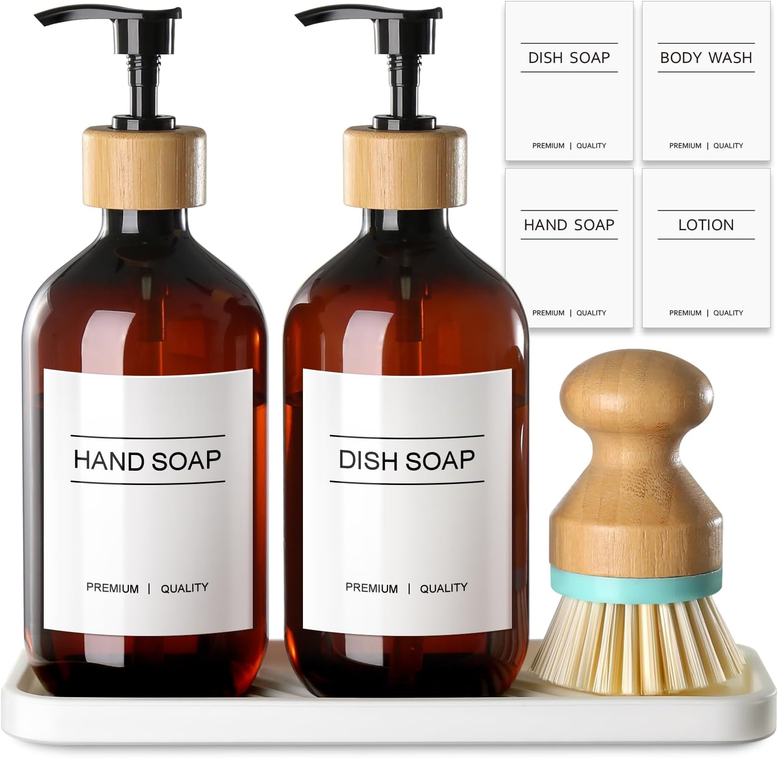 GMISUN Amber Hand and Dish Soap Dispenser Set with Tray, 500 ML Plastic Kitchen Sink Soap Dispenser with Bamboo Dish Brush, Farmhouse Kitchen Washing Up Liquid Dispenser Bottle with Pump Bathroom