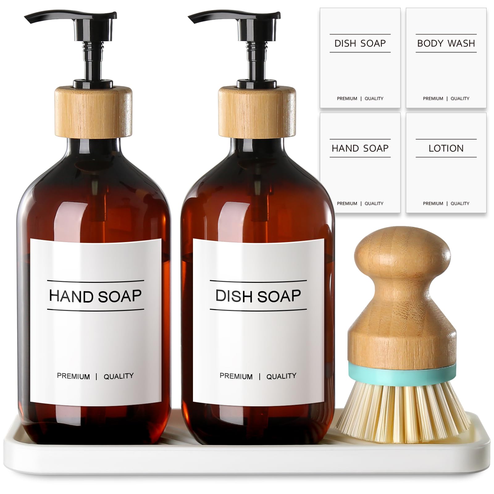 gmisunAmber Hand and Dish Soap Dispenser Set with Tray, 500 ML Plastic Kitchen Sink Soap Dispenser with Bamboo Dish Brush, Farmhouse Kitchen Washing Up Liquid Dispenser Bottle with Pump BathroomGlobal Recycled StandardGlobal Recycled StandardGlobal Recycled Standard
