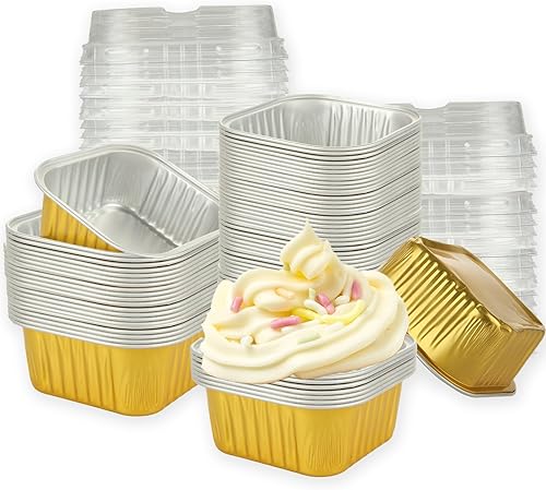 Paquete de 100 tazas de aluminio para hornear con tapas, mini tazas cuadradas de 5 onzas, moldes desechables para magdalenas, forros para cupcakes