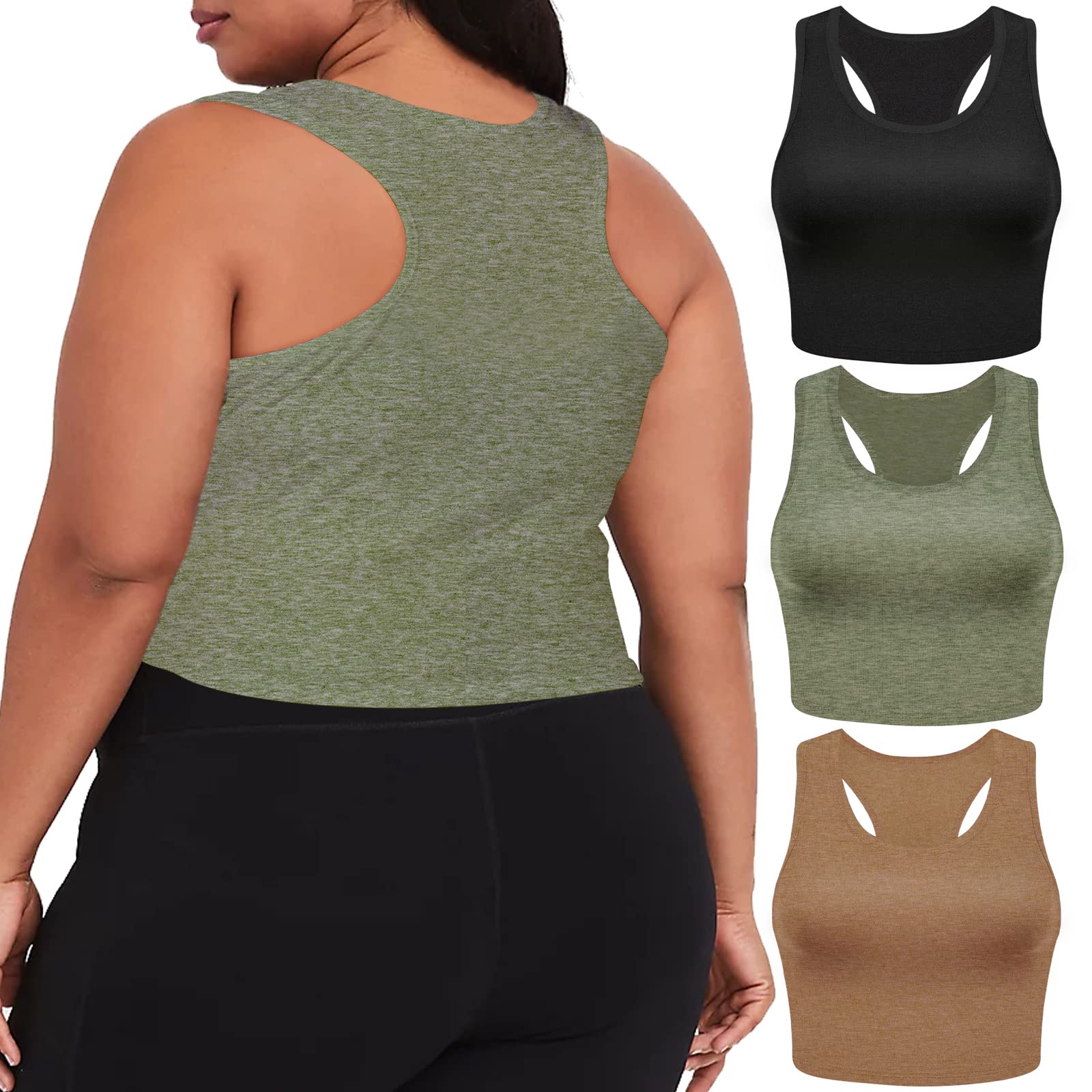 Moon Wood3 Pieces Basic Plus Size Cropped Tank Tops for Women Sleeveless Racerback Crop Tank Top Sports Workout