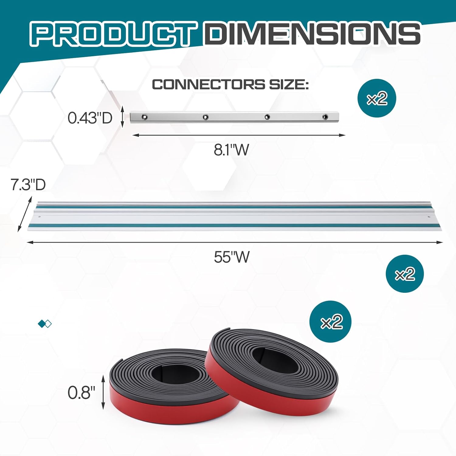 Threlaco 110" Track Saw Guide Rail Joining Set Compatible with Makita, Include 2 x 55" Extruded Guide Rails, Connectors, Splinter Guard Replacement Strip Bars Circular Track Saw Accessories