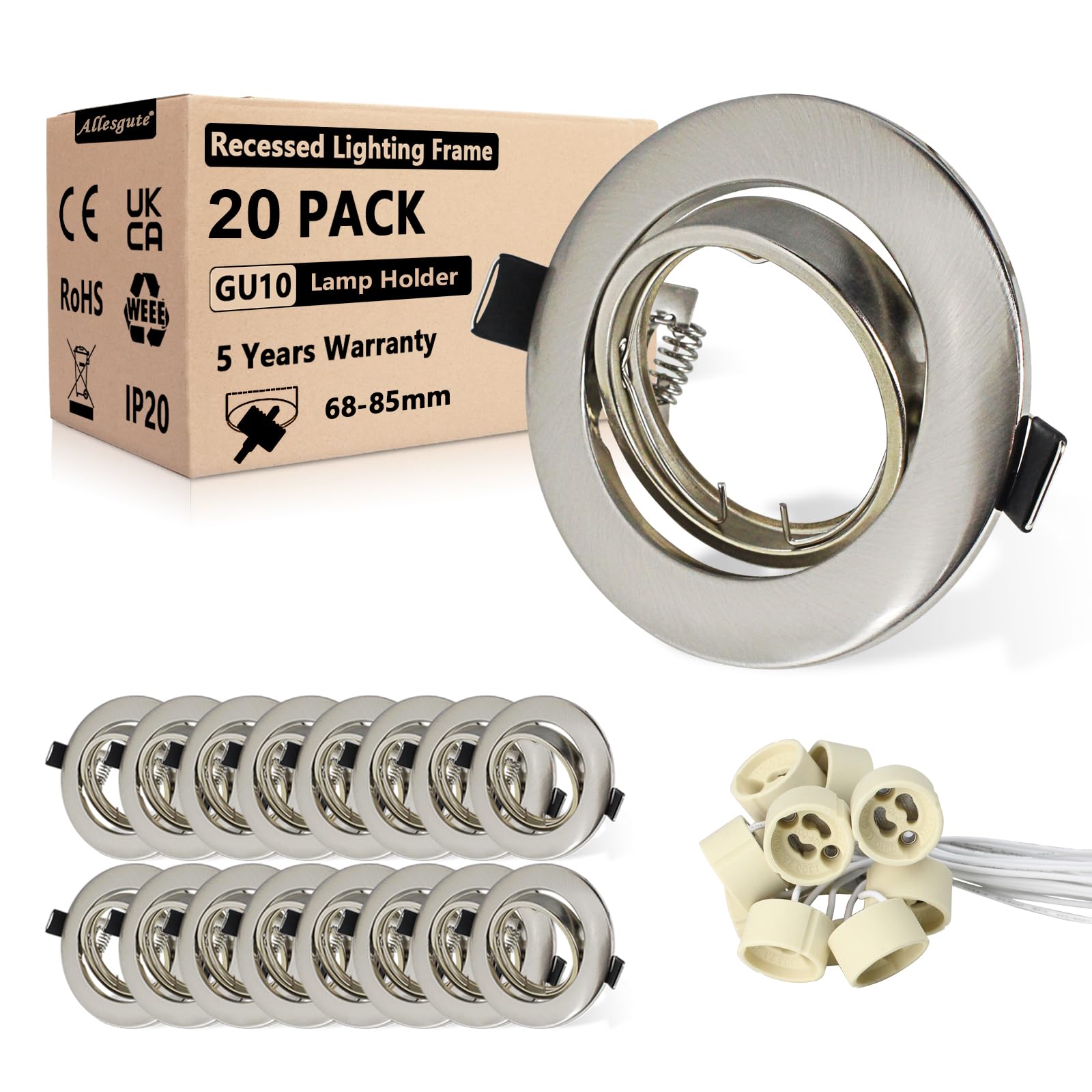 Allesgute 20er Einbaustrahler GU10 Einbaurahmen 360°Schwenkbar Edelstahl Gebürstet Einbauleuchten Rahmen 68mm LED Spots 230V Inkl. GU10 Fassung für LED oder Halogen Leuchtmittel