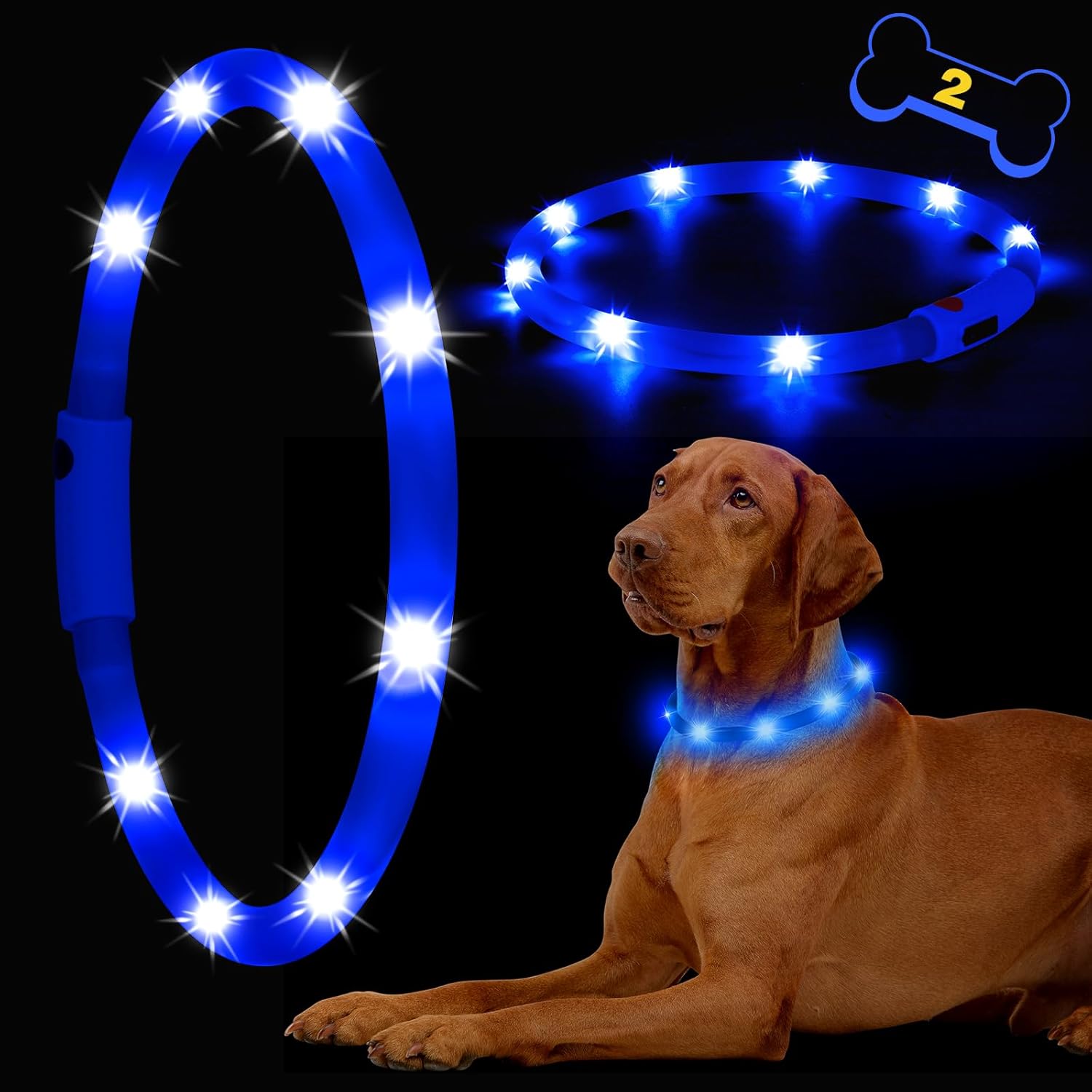 HIGO Light Up Dog Collar – 2-Pack Silicone LED Dog Collar Rechargeable, Safety Collar Light, Glow in The Dark Collar Lighted Dog Necklace for Small Medium Large Dogs (Blue)