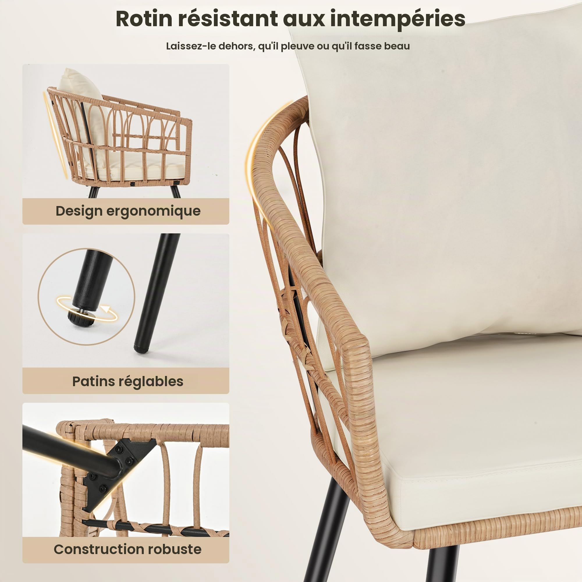 Pamapic Salon de Jardin 3 Pièces Ensemble Meubles de Jardin en Rotin avec Table Ronde et 2 Chaises