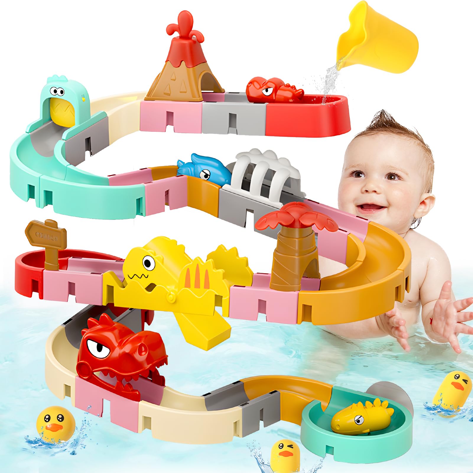 YGJT Juguetes Piscina Bebe 2 3 4 5 6 años, 48 Piezas Juguetes Bañera Bebé con Pista de Bolas DIY, Juguetes Agua baño Bebe con Ventosas, Regalos para Niños y Niñas