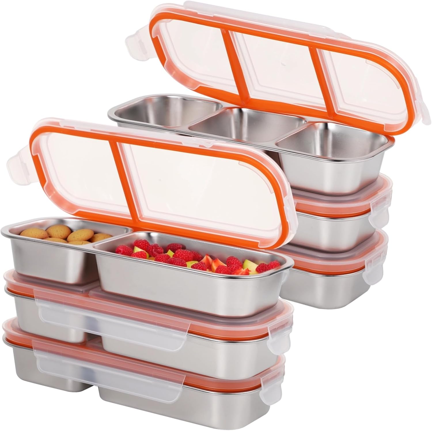 6 Pack Reusable Stainless Steel Snack Containers, Double Compartment Snack Box, Safe, Leak-proof, Ideal for Students with Black and White Lids