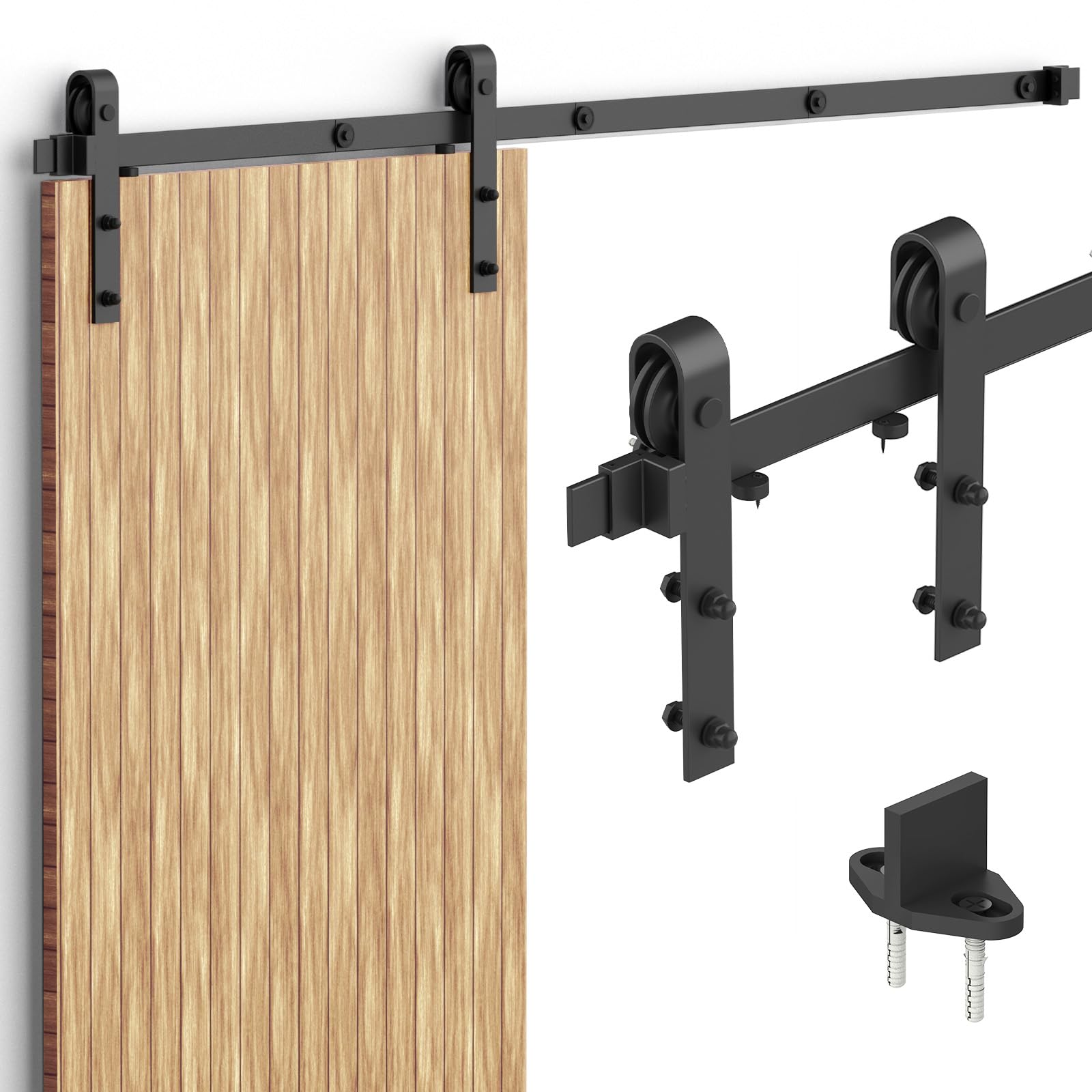 Kit complet de porte coulissante 200 cm, pour un poids de porte jusqu'à 150 kg, largeur de porte 85-95 cm et épaisseur 35-45 mm, avec glissière, roulettes, guidage au sol, acier au carbone noir