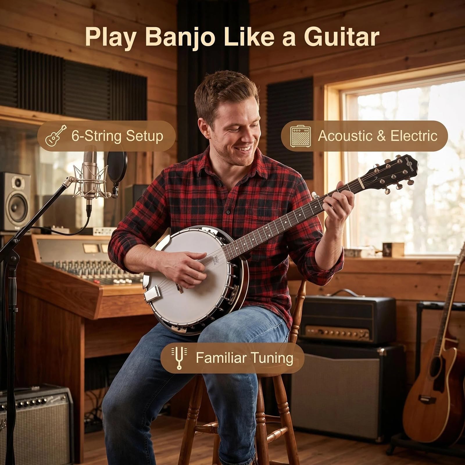 Banjo Acustico-Elettrico a 6 Corde, Banjo-Chitarra, per Principianti, Bluegrass, Folk, Country E Rock, da Viaggio