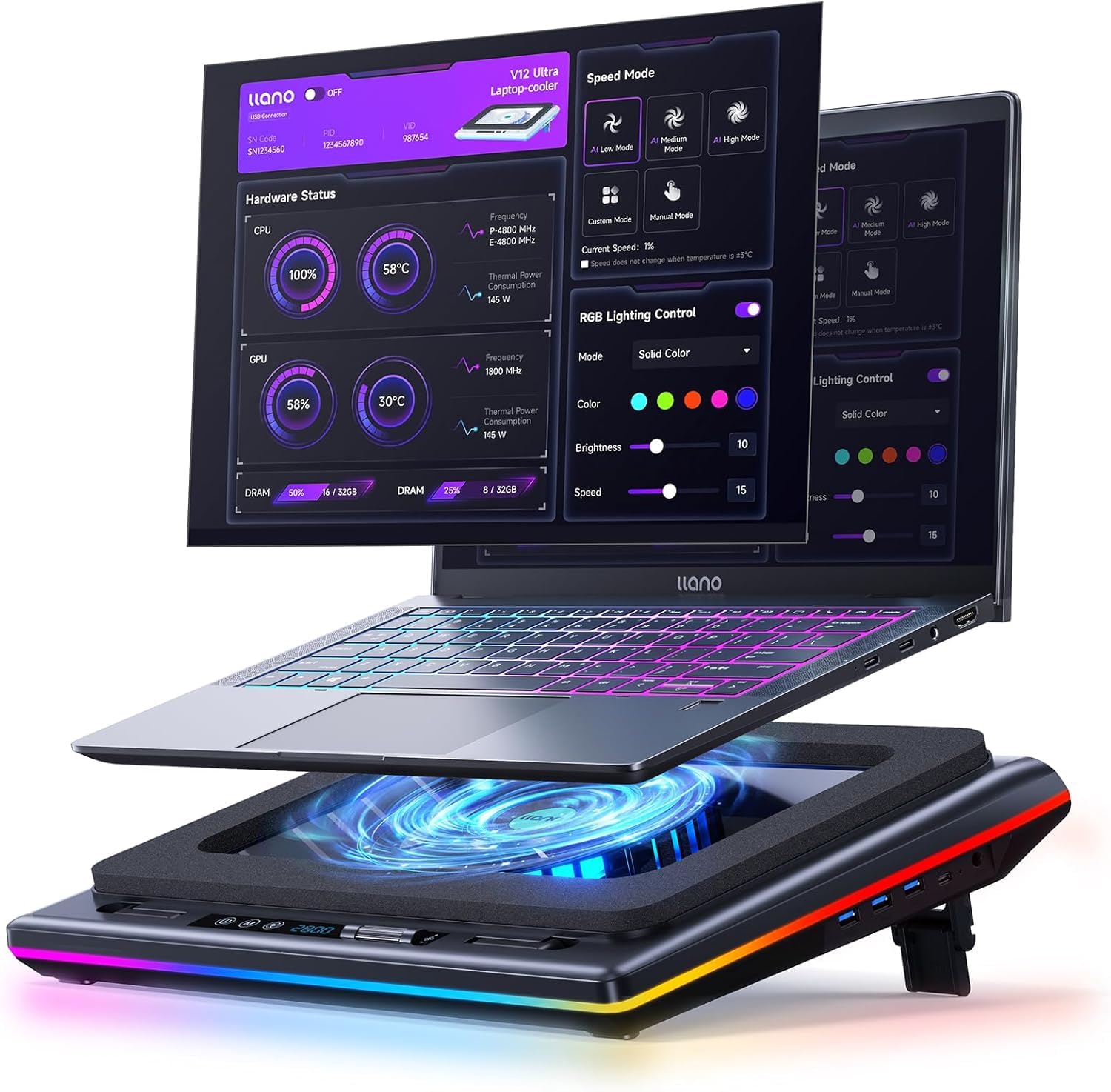 llano V12 Ultra Laptop Cooler Kühlpad mit intelligenter Softwaresteuerung, RGB Gaming Laptop Kühler intelligente Temperaturregelung 5,5 Zoll Turbo Lüfter, 3*USB 3,0 Anschlüsse für 15,6-19 Zoll Laptops
