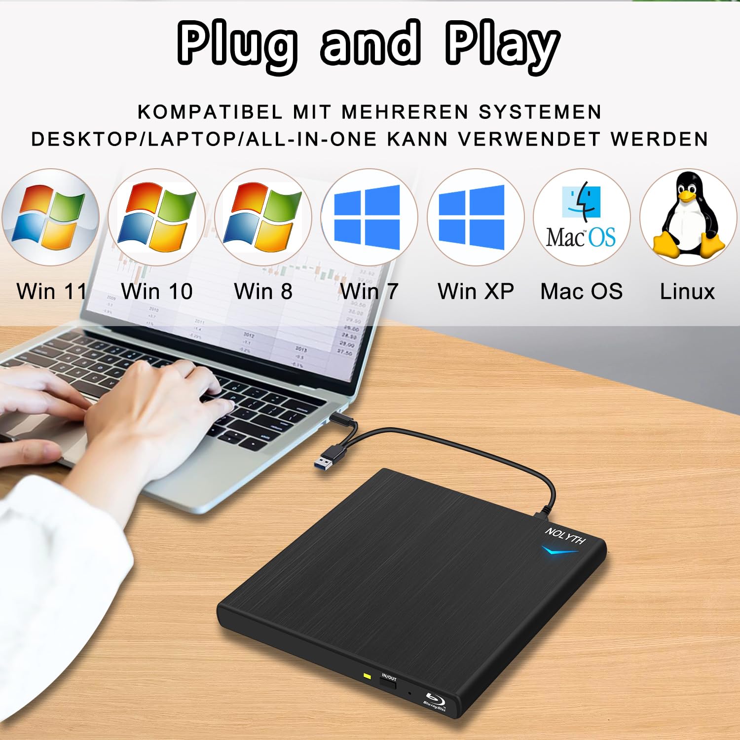 Bluray Laufwerk Extern, Externes Blu Ray Laufwerk Bluray Brenner Extern mit 1 Audio 2 USB Slots, USB C Externe Blu-ray Laufwerke Bluray Player für Laptop Mac PC Windows MacBook