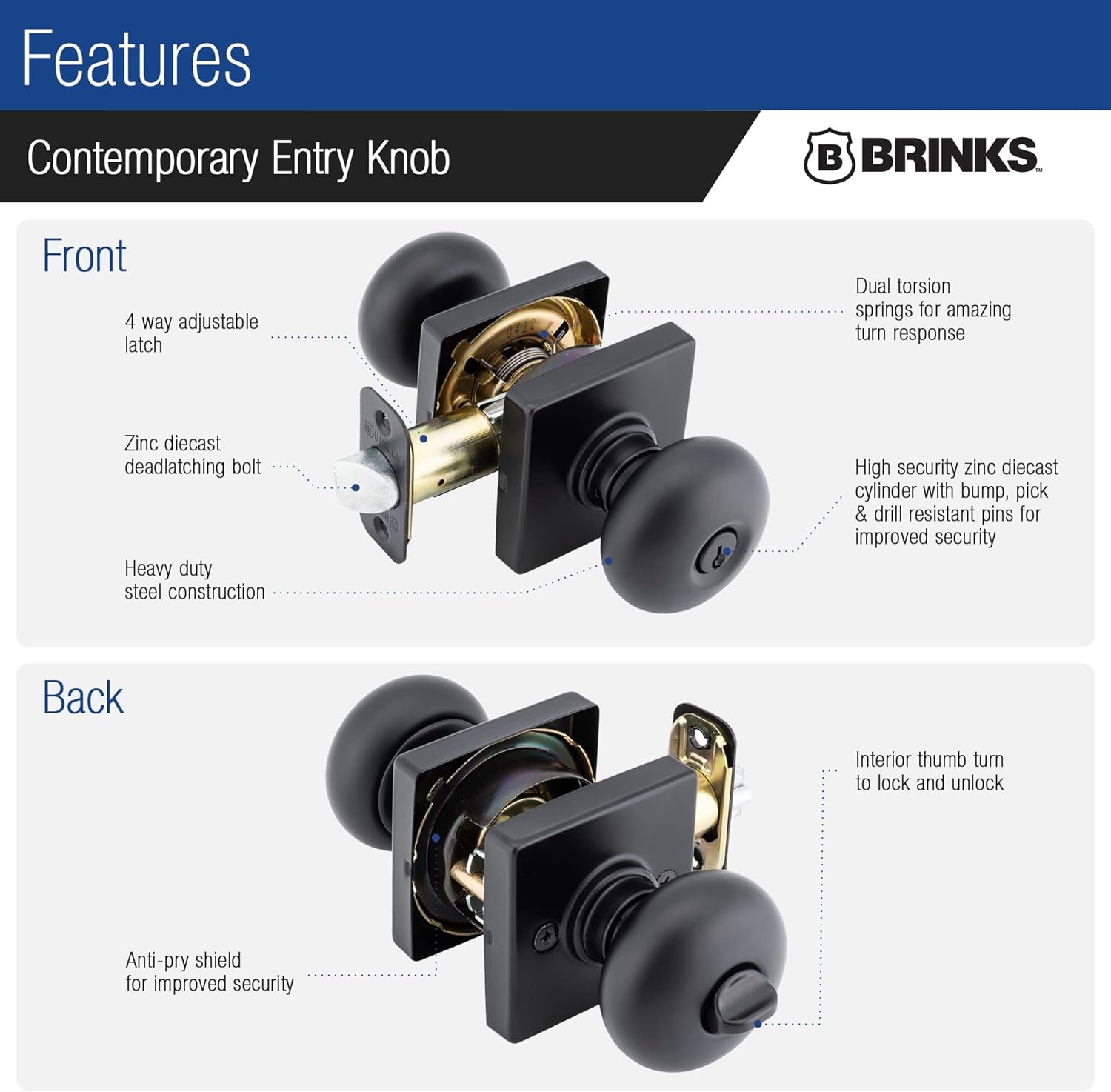 BRINKS Contemporary Keyed Entry Ball Door Knob, Modern Lock Set, Interior Door Knobs for Sleek Home Decor - Matte Black