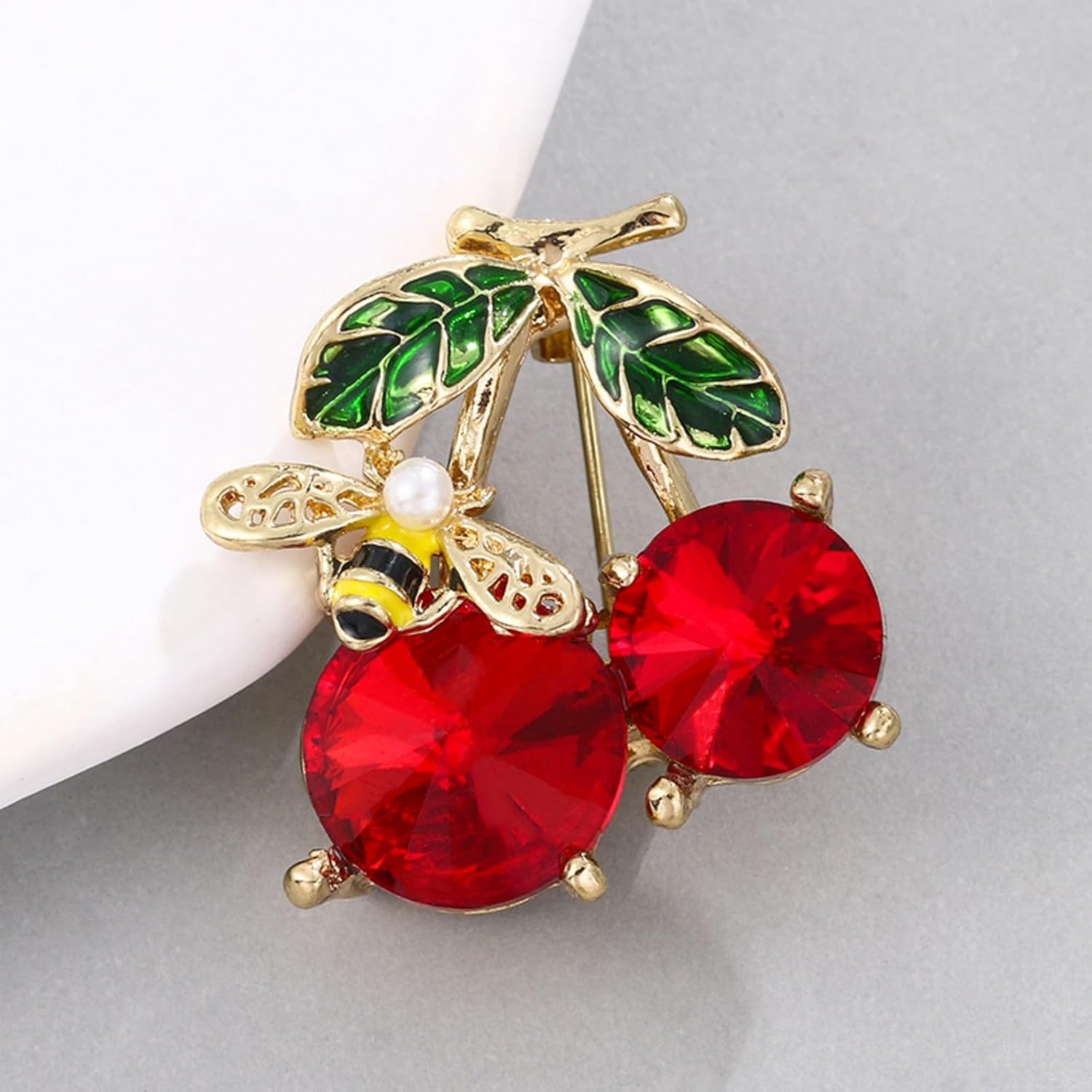 Dreuyet Cherry Brooch for Women Rhinestone Gold Plated Red Green Enamel Leaf Brooches Lapel Pins Dainty Dress Accessories Jewelry for Hat Bag Suit Tie - Image 2