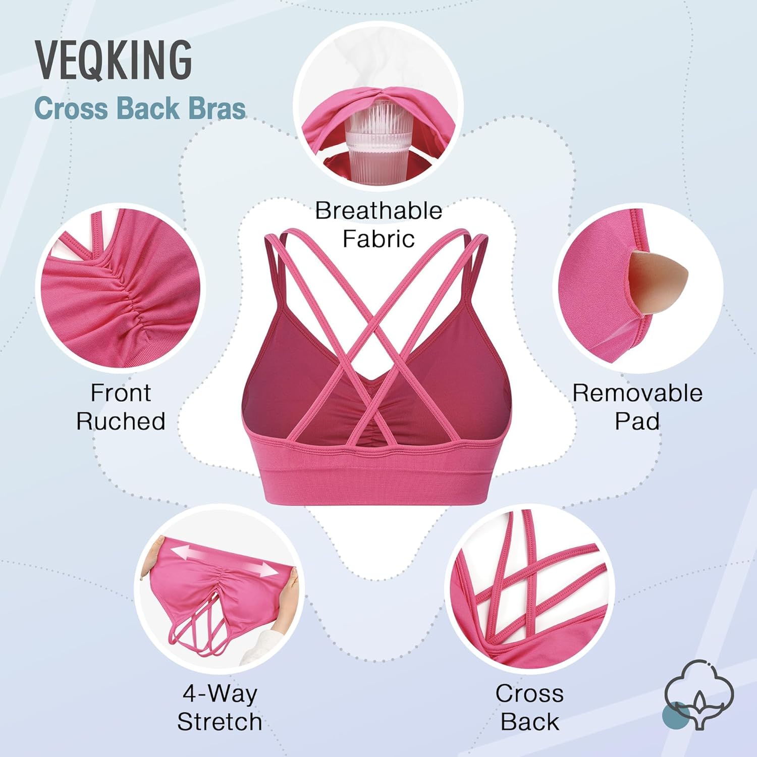 VEQKING Ruched Sports Bras for Women Large Bust, Seamless Padded Strappy Medium Support Yoga Bra, 3 Pack - Image 6