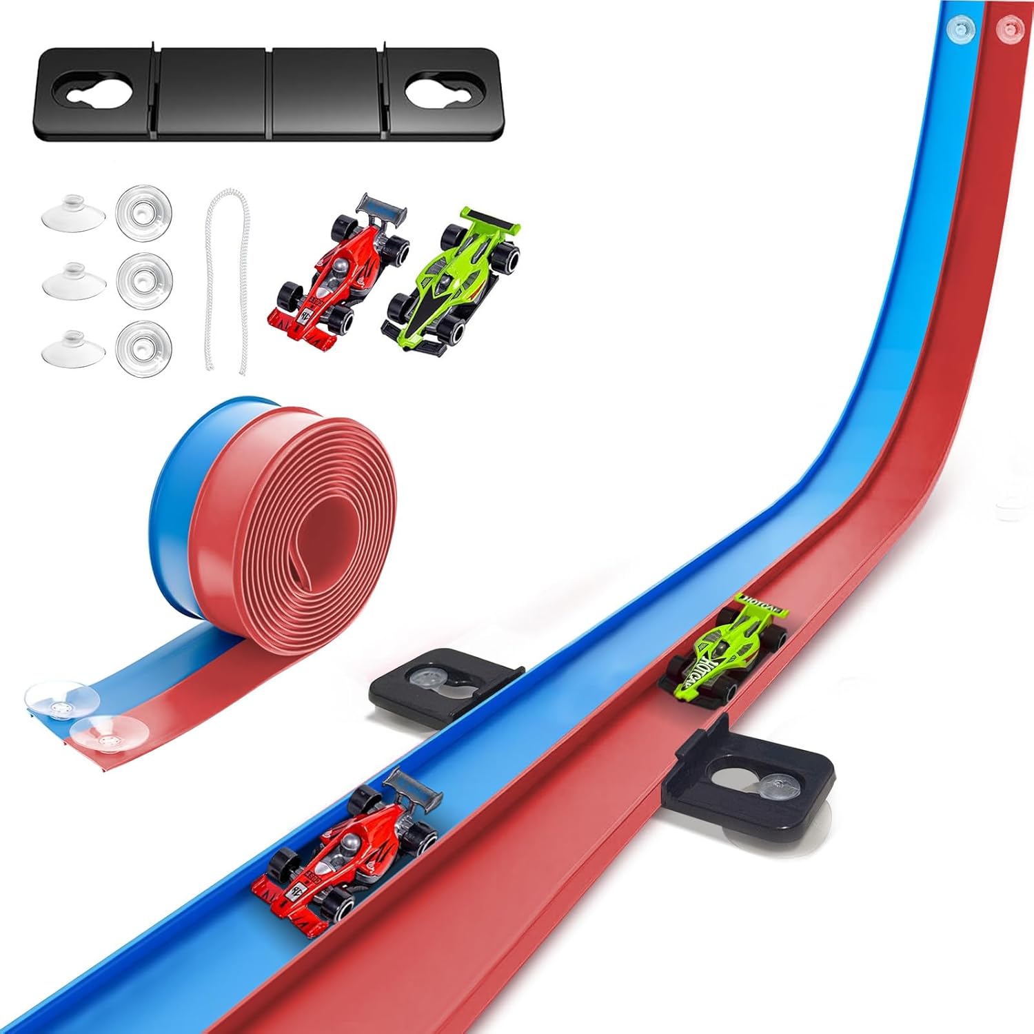 15 Ft Flexible Race Track for Kids, Two-Lane Flex Track for 1:64 Diecast Cars Toys, Includes 2 Cars & 6 Suction Cups & 1 Rope, Portable Design, Birthday Gift for Boys & Girls Ages 3-8（Red & Blue）